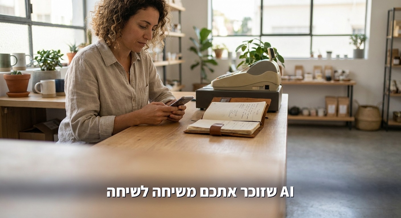 בעלת עסק קטן מול הטלפון בדלפק החנות, ליד פנקס תזכורות