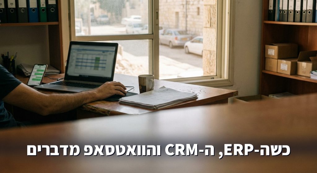 שולחן הנהלת חשבונות בעסק הפצה עם מסך ERP, טלפון עם שיחת לקוח וחשבונית מודפסת