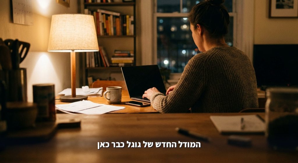 אישה עובדת על מחשב נייד ליד שולחן המטבח בערב