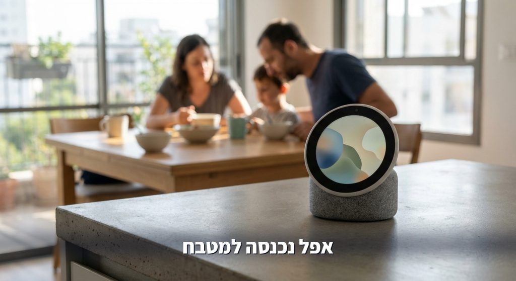מסך בית חכם על שיש המטבח בזמן ארוחת בוקר משפחתית