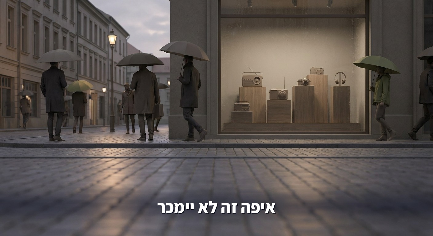 רחוב עירוני באירופה בערב עם חלון ראווה של חנות אלקטרוניקה