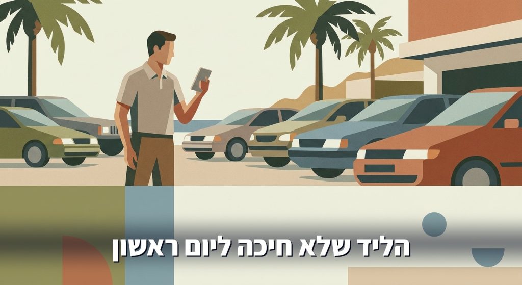 איש מכירות במגרש רכב משומש מחזיק טלפון בין שורות מכוניות