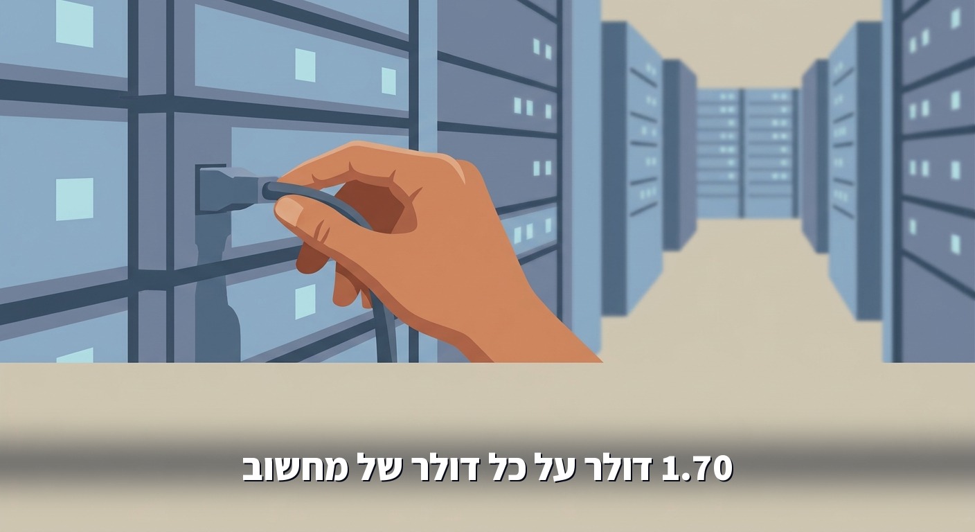 מסדרון בחוות שרתים עם נורות כחולות ויד של טכנאי