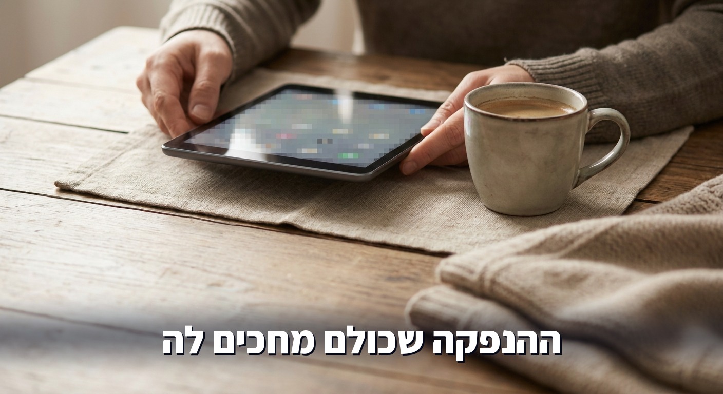 אדם קורא חדשות בטאבלט ליד שולחן המטבח בבוקר