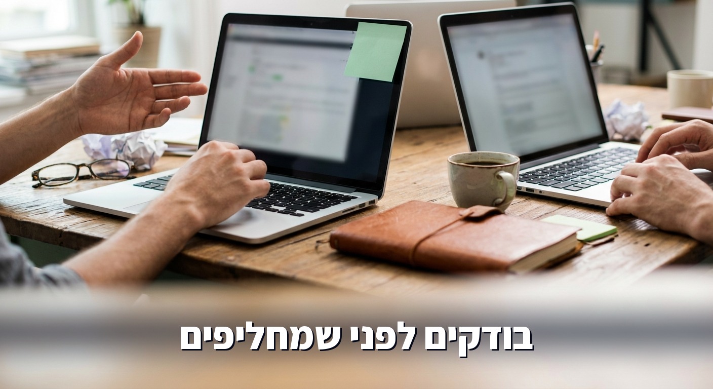 שני מפתחים משווים שני מחשבים ניידים זה לצד זה