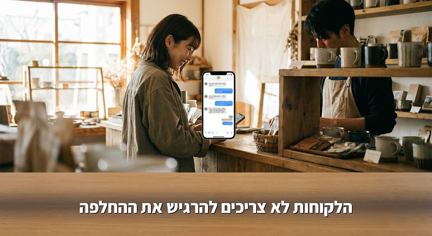 לקוחה בדלפק של חנות קטנה מחייכת מול שיחה בטלפון
