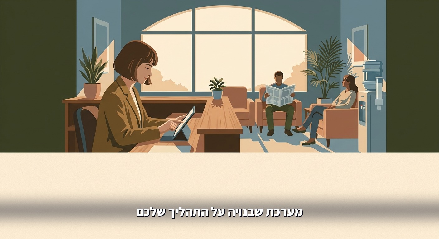 מנהלת בדלפק קבלה בודקת טאבלט בזמן שלקוחות ממתינים בנחת
