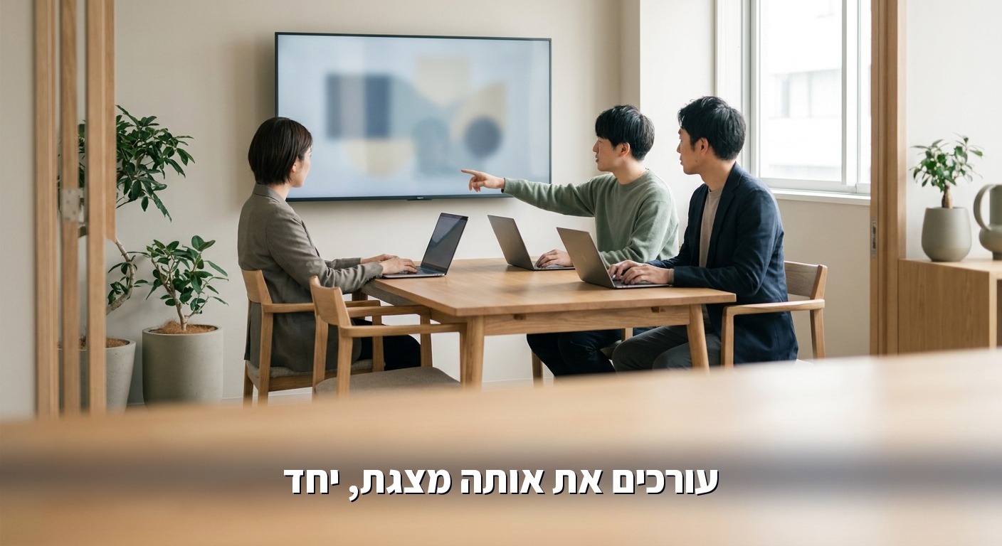 שלושה עמיתים עורכים יחד את אותה מצגת במחשבים ניידים בחדר ישיבות