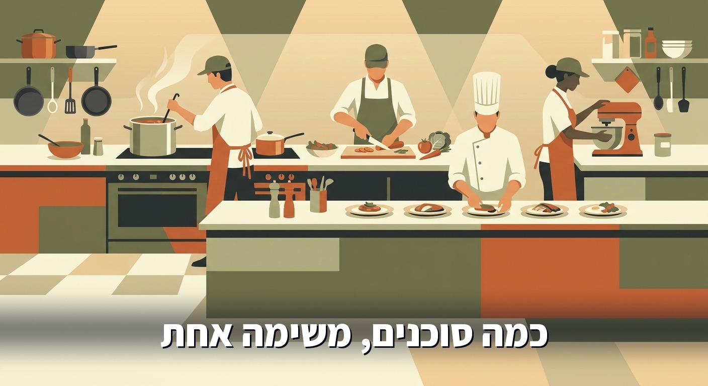 שלושה טבחים עובדים במקביל ושף ראשי מרכיב את המנות