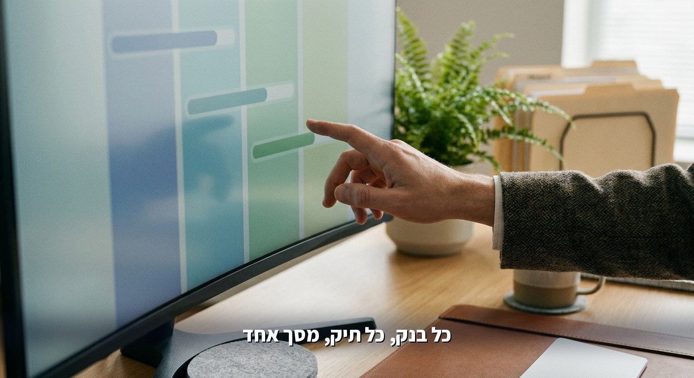 יועץ משכנתאות מצביע על מסך שמרכז את סטטוס התיקים מול כל בנק
