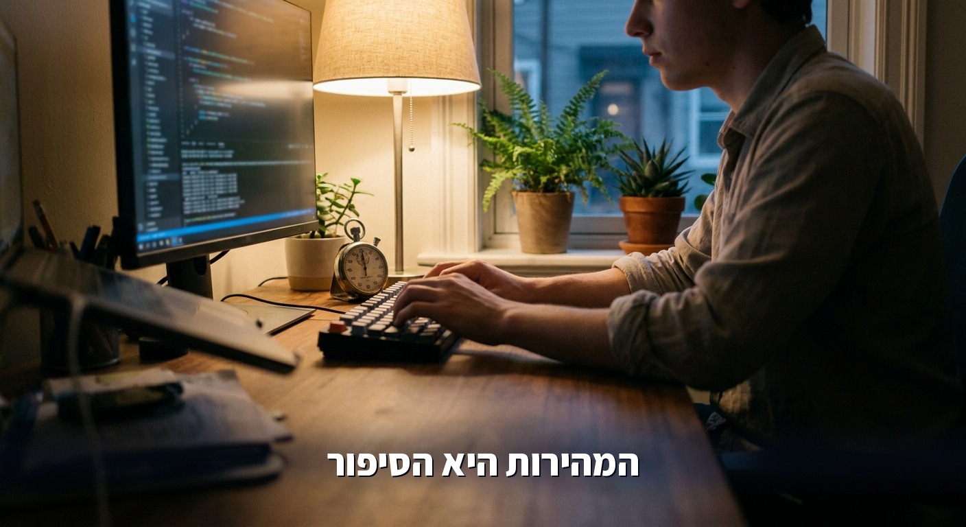 מפתח עובד מול מחשב בערב עם שעון עצר ליד המקלדת