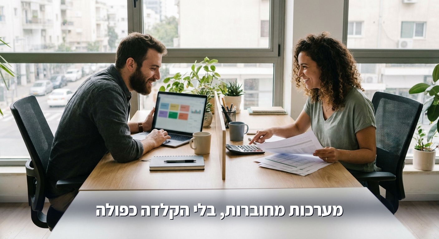 מנהלת מכירות ומנהל חשבונות משווים נתונים ליד שולחן משותף