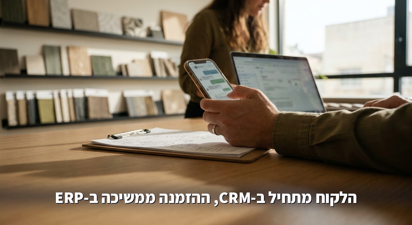 שיחה עם לקוח בטלפון לצד טופס הזמנה ומחשב נייד בחדר תצוגה