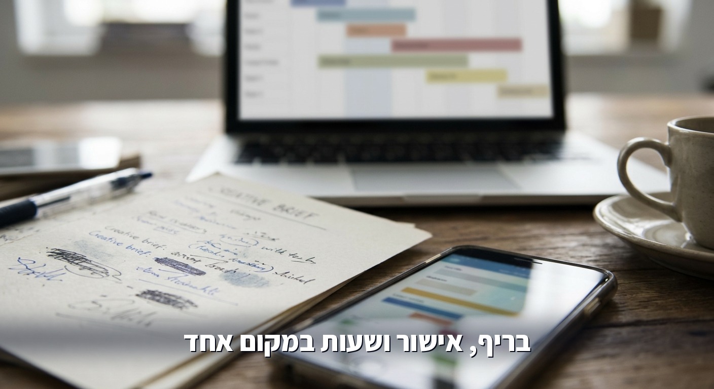 שולחן של מנהלת לקוח בסוכנות עם בריף מודפס, טלפון ולפטופ