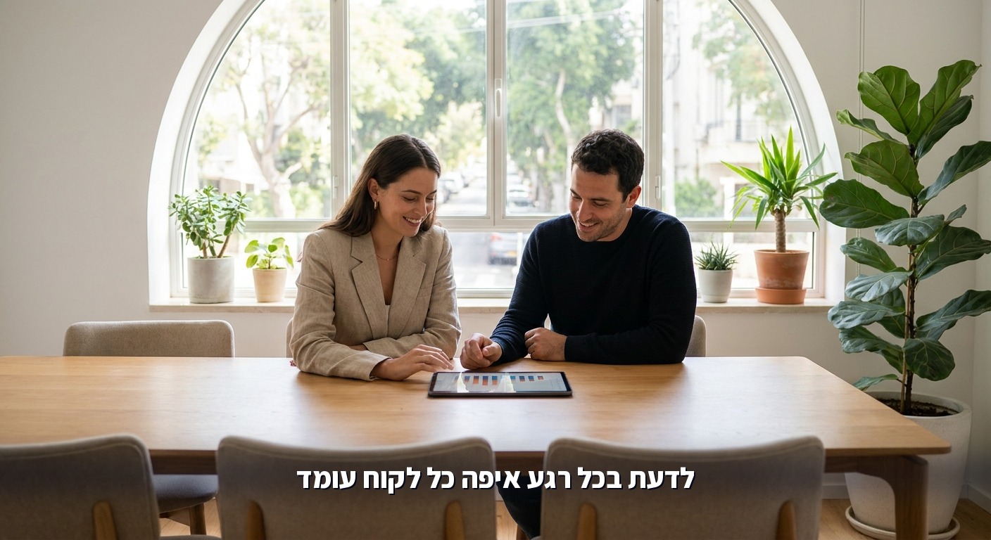 בעלת סוכנות מציגה ללקוח את מצב הפרויקט בטאבלט