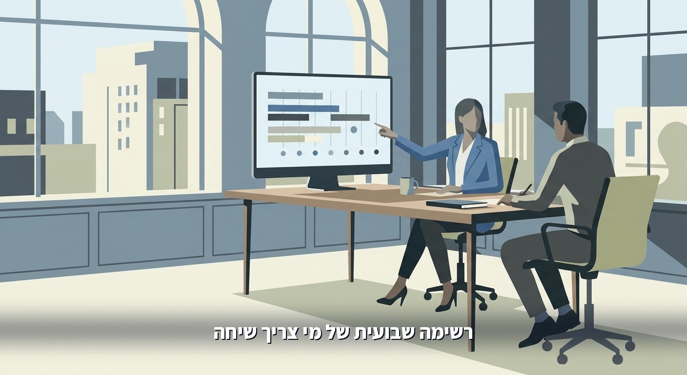 שני עובדים עוברים על רשימת לקוחות שבועית מול מסך