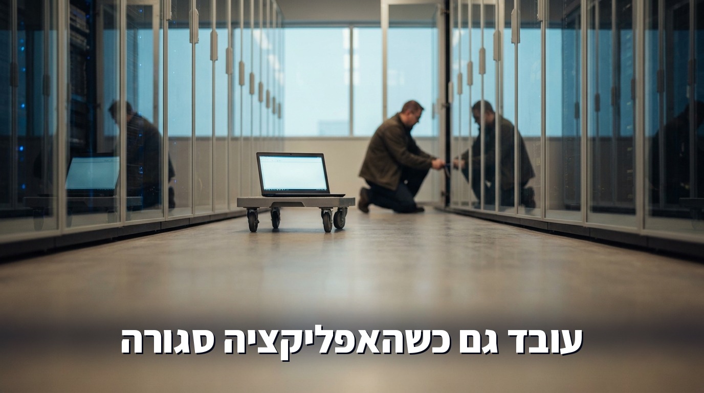 מסדרון שרתים בתאורה כחולה, מחשב בענן שממשיך לעבוד